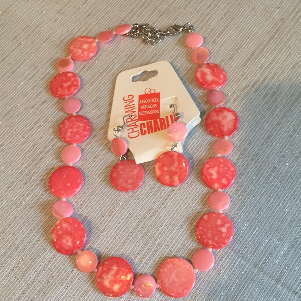 Charming Charlie’s pink necklace and earrings.